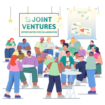 A large conference hall is bustling with attendees from various companies engaged in discussions about joint ventures. There are men and women of diverse ethnicities sitting at round tables, each equipped with laptops and notepads. Some individuals are standing and gesturing animatedly as they share ideas. In the background, a large projection screen displays "Joint Ventures: Opportunities for Collaboration" in bold lettering. A banner hangs from the ceiling, featuring the logos of the participating companies. The atmosphere is dynamic, with groups of people networking and exchanging business cards. Bright chandeliers illuminate the space, casting warm light over the attendees.