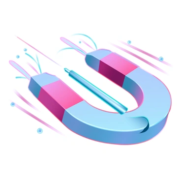 An iron nail with a metallic sheen is positioned close to a large, luminescent magnet that is emitting glowing lines of energy. The magnet, shaped in a classic horseshoe form, is brightly colored with vibrant red and blue sections. The nail is depicted with a slight curvature as it is being pulled towards the center of the magnet. Surrounding the nail and magnet, small particles representing magnetic field lines are visibly drawn towards the magnet, enhancing the sense of magnetic attraction. The background is a simple gradient of colors that allows the main elements to stand out prominently.