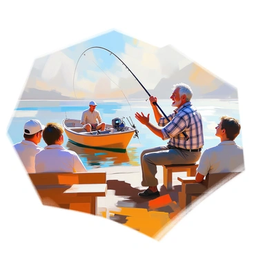 A middle-aged fisherman with weathered skin and salt-and-pepper hair is animatedly telling a story to a small group of listeners gathered around him. He is dressed in a worn plaid shirt and faded jeans, holding a large fishing rod. His expressive face conveys excitement and laughter as he gestures with his hands, illustrating the size of the "enormous cod fish" he claims to have caught. Behind him, there is a rustic wooden boat with fishing gear and a shimmering lake reflecting the afternoon sun. The listeners, a mix of men and women, sit on wooden benches, captivated by the fisherman's tale, with some leaning forward in anticipation.