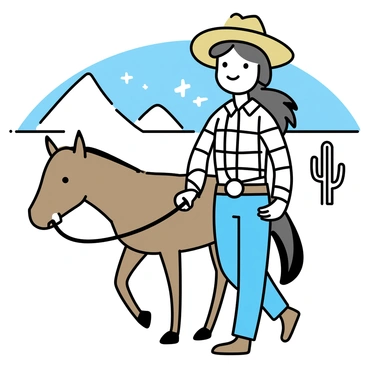 A cowgirl with a wide-brimmed hat and a plaid shirt is walking along a dusty desert trail. She has a brown leather belt with a large metal buckle and denim jeans. Beside her, a brown horse is tethered, following closely with a relaxed demeanor. The background features a sparse landscape with cacti and distant mountains under a clear blue sky. Dust is visible in the air, highlighting the dry environment.
