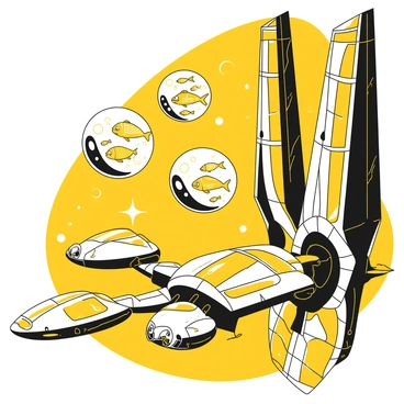 A futuristic space station with sleek, angular architecture composed of metallic surfaces and illuminated panels. Floating in zero gravity are transparent bubbles containing vibrant fish, each bubble gently swaying as if in water. The fish inside are of various shapes and sizes, some gliding gracefully, while others dart playfully. The station features large viewing windows showcasing the vastness of space with distant stars and celestial bodies. Various transport pods are docked nearby, prepared to carry the bubbles to different destinations.