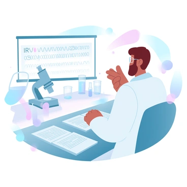 A scientist is seated at a desk in a laboratory, focused on analyzing rRNA sequences displayed on a computer screen. The scientist is wearing a white lab coat and glasses, surrounded by various scientific instruments and glassware filled with colorful liquids. The computer screen shows a detailed sequence of nucleotides arranged in rows and columns. A large microscope is positioned nearby, and several open reference books lay scattered across the desk, adding to the research environment.