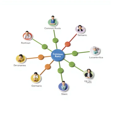 A visual map depicting various languages in a network format. Each language is represented by a labeled node, with lines connecting them to show relationships and common roots. The nodes representing languages are full of vibrant colors, and the connections between them are illustrated with varying thickness to indicate the strength of their relationships. Branches extend from a central point labeled "Common Roots," leading to different language families such as "Romance," "Germanic," and "Slavic." Icons or symbols may accompany each node to visually represent cultural aspects related to the languages. The layout is clear and organized, allowing for easy interpretation of the linguistic connections.
