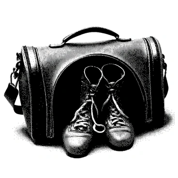 A vintage leather football gym bag is placed on a textured surface. The bag features worn edges and has a zipper partially open. A pair of old, scuffed football boots is peeking out of the bag, with laces loosely tied. The boots display signs of wear, highlighting their history of use. The overall composition creates a nostalgic atmosphere.