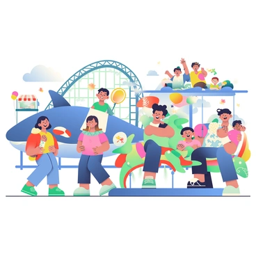 A vibrant scene of families enjoying rides and attractions at "Busan's Ocean Park" unfolds. Children with bright smiles are seen laughing as they ride a colorful carousel adorned with sea creature designs. To the left, a family is taking a selfie in front of a large whale statue, with the father holding a small child on his shoulders. In the background, a thrilling roller coaster with steep inclines and loops is visible, with excited riders throwing their hands up in the air. Brightly colored balloons float above the crowd, and food stalls selling popcorn and cotton candy can be seen, with visitors eagerly indulging in snacks. The atmosphere is lively, filled with the sounds of laughter, cheerful music, and the splashes of water from nearby attractions.
