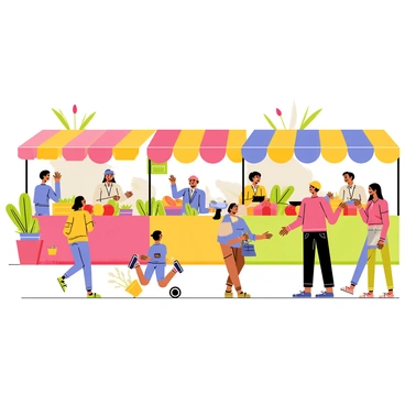 A busy outdoor marketplace filled with vibrant stalls showcasing an array of fresh produce. Colorful canopies drape over the stalls, which are overflowing with fruits and vegetables such as red tomatoes, green cucumbers, and bright yellow bananas. People of various backgrounds are engaged in shopping; some are examining the produce closely while others are interacting with friendly vendors. A cheerful atmosphere is created by the shouts of vendors promoting their goods and the laughter of children running about. In the background, potted plants and flowers add splashes of color, enhancing the lively scene.