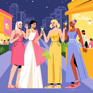 A bridal party consisting of four women dressed in elegant, colorful dresses is exploring a vibrant city at night. The street is illuminated by bright, glowing lights from nearby buildings and street lamps. Each woman is holding a sparkling champagne glass, celebrating the occasion with excitement. They are standing near a bustling café, where patrons can be seen enjoying their meals. The atmosphere is lively, with light reflections bouncing off the windows and the night sky filled with twinkling stars.