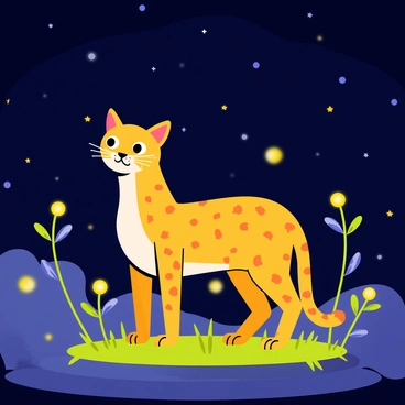 An ocelot with distinctive spotted fur is standing on a patch of grass. The night sky is filled with stars, casting a soft light over the scene. Surrounding the ocelot are glowing fireflies, their yellow lights twinkling in the darkness. The atmosphere is vibrant with shades of deep blue and green from the foliage, creating a lively contrast with the bright fireflies. The ocelot appears alert, its eyes reflecting the gentle glow of the fireflies.