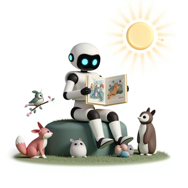 A humanoid robot, with a sleek metallic body and bright blue LED eyes, is seated on a large moss-covered rock. The robot is holding an open classic fairytale book, showing colorful illustrations of knights and dragons. Surrounding the robot are a variety of enchanted woodland animals, including a curious brown rabbit, a small red fox with a bushy tail, and a wise old owl perched on a nearby branch. The animals are attentively gazing at the book, with expressions of wonder on their faces. Sunlight filters through the leaves above, creating a warm glow around the scene.