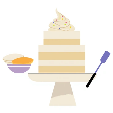 A multi-layer cake being assembled on a white cake stand. The cake has multiple layers, with alternating layers of light beige sponge and creamy white frosting. The top layer is a decorative swirl of cream with a sprinkle of colorful edible confetti. A spatula is placed beside the cake, and there are bowls of cream and sponge layers in the background, adding to the scene of cake preparation. The cake has a glossy finish, highlighting the smooth texture of the cream.