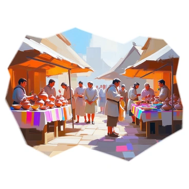 A bustling Anglo-Saxon market scene filled with activity and vibrant colors. Several traders are engaged in selling handcrafted pottery, displaying a variety of earthenware vessels, bowls, and jars on wooden tables. A different section showcases colorful lengths of cloth, with intricate patterns and textures, spread out for potential buyers to examine. There are people interacting, negotiating prices, and admiring the goods, some holding bags filled with purchases. In the background, thatched-roof buildings create a historical ambiance, while market-goers in period-appropriate attire mingle among the stalls. The atmosphere is lively, capturing the essence of community trade and social interaction.