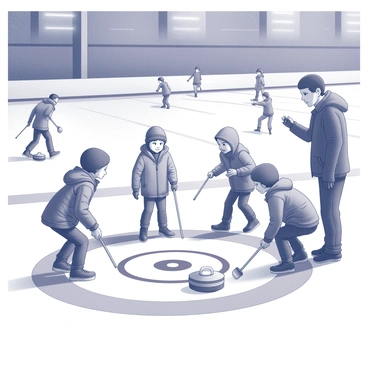 A group of young children is on a curling sheet inside a local sports center. The children are dressed in warm sportswear, including jackets and gloves. Some are crouching down to get a closer look at the stones while others hold brooms in preparation for their turn. A coach, standing nearby, is demonstrating the proper technique for sliding a stone down the ice. The bright overhead lights illuminate the smooth, shiny surface of the curling rink, creating reflections. In the background, other kids can be seen practicing different activities, adding to the atmosphere of the sports center.