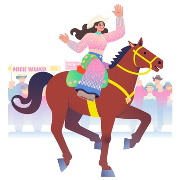 A rodeo queen with long, flowing brunette hair is sitting atop a chestnut horse. She is wearing a sparkling outfit adorned with sequins and rhinestones that shimmer in the sunlight. The outfit includes a fitted top and a long, flowing skirt that drapes elegantly over the horse. The rodeo queen is smiling and waving to the crowd, her right hand raised high. The horse is decked out with a colorful saddle and bridle, featuring decorative elements that match her outfit. In the background, there are cheering spectators, some holding banners and signs in support of the event.