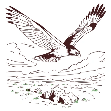 A hawk battling against strong winds while flying over open plains