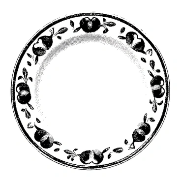 An ornate antique porcelain plate is displayed prominently. The plate has a round shape with a smooth surface. The edges are adorned with a delicate fig motif, featuring finely detailed figs and leaves intricately painted around the rim. The intricate designs showcase the craftsmanship of the porcelain, with a glossy finish enhancing the elegance of the piece. The background is plain, allowing the plate's features to stand out clearly.