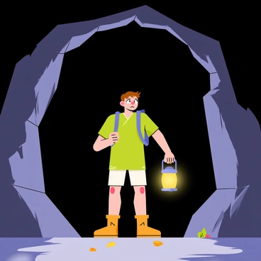 An adventurer standing at the entrance of a dark cave, wearing a green tunic and brown leather boots. The adventurer has short brown hair and carries a small backpack. The cave entrance is large, with jagged rocks framing the opening. Shadows loom inside, creating an ominous atmosphere. The adventurer holds a lantern in one hand, casting a warm yellow light that contrasts with the darkness ahead. A few scattered leaves and small stones lie on the ground near the entrance, suggesting recent footsteps. The adventurer's expression shows hesitation, with raised eyebrows and a slight frown as they gaze into the cave.