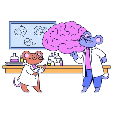 A storybook illustration of a mouse scientist studying a brain model