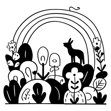 A garden filled with various plants and flowers, each with exaggerated shapes and intricate patterns, swaying as if animated. Multiple animals such as a rabbit, a fox, and a bird are positioned around the garden, each posed as if engaging in conversation with one another. Above the garden, a large, arching rainbow spans the sky, its bands clearly defined against the scenery. The overall composition showcases a sense of whimsical interaction between the animals and the surrounding flora.