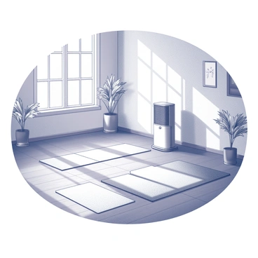 An air purifier placed in a yoga studio. The studio features several yoga mats arranged on the wooden floor, each mat positioned for individual practice. There are calming decorations around the room, including potted plants in the corners and wall hangings that enhance the tranquil atmosphere. Sunlight filters through large windows, casting soft shadows across the room.