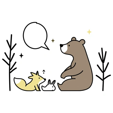 A bear sitting on its hind legs, with a thick, brown coat, next to a fox with a bushy tail and bright orange fur. A small rabbit with soft, white fur is nestled between them. They are surrounded by trees with simple, stylized leaves. A large, round moon hangs in the night sky, casting soft light over the animals. The bear has its mouth open as if telling a story, while the fox and rabbit are attentively looking at it.