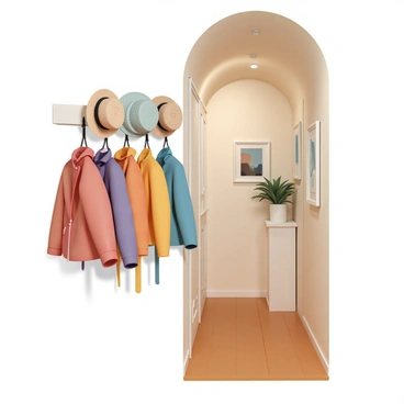 A cozy hallway featuring wooden floors and warm lighting. On one side, there is a vintage coat hook mounted on the wall, adorned with colorful jackets of various styles hanging down. Each jacket is a different shade, with bright reds, deep blues, and sunny yellows. Above the jackets, several hats are neatly hung, including a wide-brimmed straw hat, a knitted beanie, and a classic fedora. The walls are decorated with framed pictures, and a small potted plant sits on a nearby shelf, adding a touch of greenery to the scene.