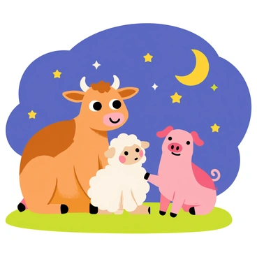 A group of three barnyard animals is gathered together under a night sky filled with stars. The first animal is a brown cow with large expressive eyes, sitting comfortably on a patch of grass. Next to the cow, a fluffy white sheep leans in, listening intently with its ears perked up. Nearby, a cheerful pig with a small smile is animatedly sharing a story, gesturing with its front hooves. The scene is illuminated by a soft glow from a crescent moon, creating a warm, inviting atmosphere.