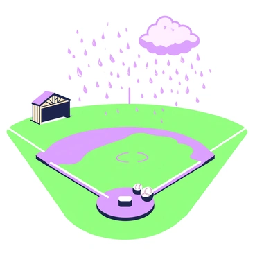 A baseball field is depicted under a light rain shower. The field is lush and green, with a distinct diamond shape. Puddles are forming on the infield, reflecting the cloudy sky above. The bases are wet, and small droplets of rain can be seen splashing as they hit the ground. In the background, a wooden dugout is partially visible, with raindrops coating its roof. The outfield grass appears vibrant, while the bases are slightly sunken into the soft, muddy ground.