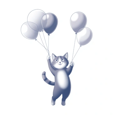 A cat with a fluffy coat is floating upward. The cat's expression is one of delight, with its eyes wide and a slight smile on its face. It is holding tightly to a collection of balloons that have various shapes and sizes, all tethered together. The cat's paws grip the strings of the balloons securely. The background is minimal, focusing on the cat and the balloons as they rise into the air.