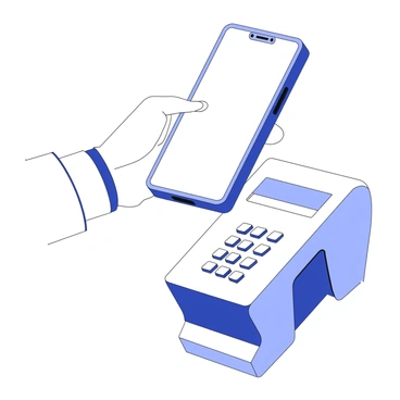 A hand is holding a smartphone above a payment terminal. The smartphone displays a payment app on its screen. The payment terminal has a flat surface and a keypad with various buttons. The hand is positioned in a way that suggests the smartphone is ready to make a contactless payment. The background includes a subtle impression of a store setting, hinting at a retail environment.