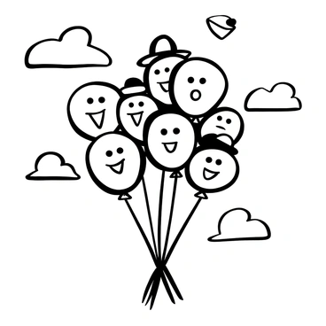 A cluster of helium-filled balloons with "joker" faces is floating in the sky. The balloons vary in size and shape, some round and others elongated. Each joker face has distinct features, such as playful expressions and colorful hats. The balloons are tethered together by thin strings, drifting gently among fluffy clouds. The background is a clear sky, enhancing the whimsical scene created by the floating balloons.