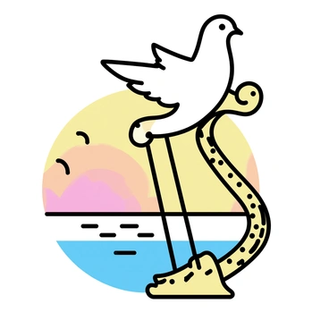 A dove with white feathers is perched gracefully on the strings of a golden harp. The harp shimmers with intricate details, reflecting the warm hues of the sunrise. The background features a vibrant sky with shades of orange, pink, and soft blue, indicating the early morning light. The dove looks serene, its wings slightly open as if ready to take flight. The scene captures a moment of tranquility and harmony.