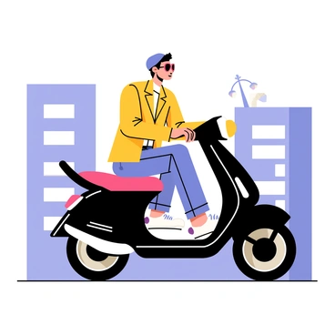 A stylish individual wearing a fitted leather jacket and slim jeans is riding a sleek modern moped. The moped has a shiny black frame and chrome accents, contrasting with the vibrant color of the rider's outfit. The individual is wearing fashionable sunglasses and a stylish helmet, adding to their trendy appearance. The background features a city street lined with contemporary buildings, enhancing the urban vibe of the scene.
