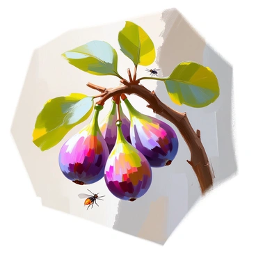 A fig tree branch adorned with several plump, ripe figs. The figs are a deep purple hue, with a slightly glossy surface, resting among large, lush green leaves. Small, delicate insects are buzzing around the fruits, their wings shimmering in the light. The branch is sturdy, with a rough texture, gently curving to support the weight of the figs. The background is softly blurred, enhancing the vibrant colors of the figs and the greenery of the leaves.
