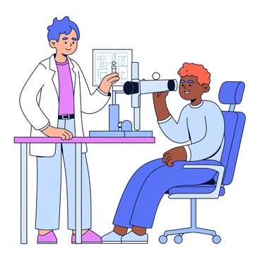 An optometrist standing beside a patient seated in an examination chair. The optometrist is wearing a white lab coat and is focused on adjusting a phoropter, which is positioned in front of the patient's face. The phoropter is a device with various lenses and dials for testing vision. The examination room has a neutral-colored wall and a small table with eye charts and tools on it. The patient is looking through the phoropter, appearing attentive as they respond to the optometrist's questions.