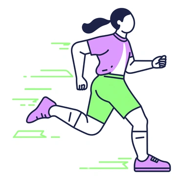 A dynamic figure is shown sprinting with an athletic posture, emphasizing movement and speed. The figure has a streamlined silhouette, with limbs extended and body slightly tilted forward. The background features stylized lines that suggest motion, creating a sense of urgency and energy. The figure's expression is focused and determined, while their clothing appears to ripple in the wind, highlighting the force of their sprint. The overall composition draws the viewer's attention to the figure's swift movement.