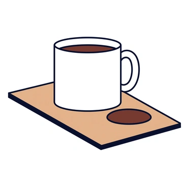 A coffee mug with a white ceramic finish is positioned on a piece of brown paper. The mug features a simple design with a curved handle and a smooth surface. A small amount of dark brown coffee is spilling out of the mug, creating a ring on the paper underneath. The liquid seeps from the mug, forming a distinct circular stain that contrasts against the texture of the paper. The scene captures the moment of the coffee leaving the mug.