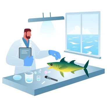 A marine biologist is examining a mahi-mahi on a stainless steel table in a research lab. The biologist is wearing a lab coat and gloves while holding a clipboard with notes. Various scientific instruments and glass beakers are placed around the table, along with samples and a measuring tool. The mahi-mahi, with its vibrant green and yellow colors, is displayed prominently under a bright overhead light. A large window in the background reveals a view of the ocean outside, adding context to the scene.
