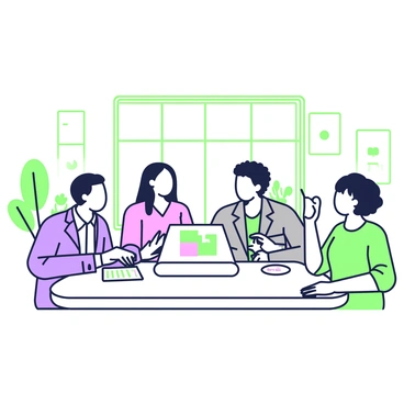 A diverse committee of individuals is seated around a large, oval table in a bright conference room. There are four members, two men and two women, representing different ethnicities. One man has short hair and wears a blue suit, while the other man has curly hair and is dressed in a gray jacket. One woman has long hair and is wearing a pink blouse, and the other woman has a bob haircut, dressed in a green dress. In front of them, there are various documents and a laptop open, displaying a presentation. On the walls, there are large windows allowing natural light to flood into the room, and a few potted plants are placed in the corners. Each committee member is actively engaging in discussion, with one woman pointing towards the laptop screen while others listen intently.