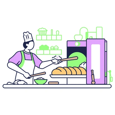 A baker is standing in a kitchen, pulling freshly baked bread from a large oven. The baker, wearing a white apron and a chef's hat, has a focused expression on their face. They are using a long wooden paddle to slide out a tray of golden-brown loaves. The oven is large, with a door open, revealing the warm glow inside. Flour is scattered across the countertop, with a rolling pin and a bowl of dough visible nearby. In the background, shelves filled with various baked goods line the walls, showcasing a variety of breads and pastries.