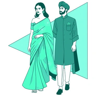 A teal Maharashtrian couple is confidently walking down the runway. The woman is wearing a beautifully draped saree, featuring intricate patterns, with a matching dupatta elegantly placed over her shoulder. The saree's vibrant shades complement the rich embellishments. The man is dressed in a finely tailored sherwani, adorned with delicate embroidery, and he has a stylish turban on his head. Both are exuding grace and poise as they carry themselves with pride, surrounded by bright runway lights.