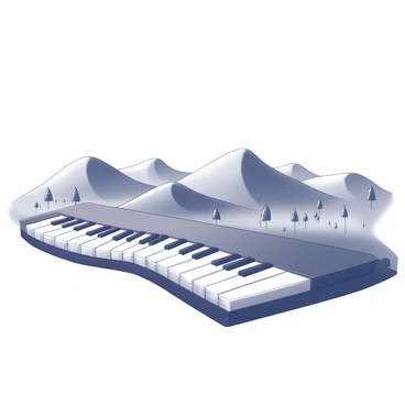 A landscape featuring rolling hills that resemble the keys of a grand piano. The hills are distinctly shaped, with alternating peaks and valleys, mimicking the arrangement of black and white keys. In the foreground, there are patches of grass and small trees scattered among the hills. The sky above is clear, providing a sense of openness to the scene. The overall composition emphasizes the unique shapes of the hills while maintaining a harmonious balance in the natural elements surrounding them.