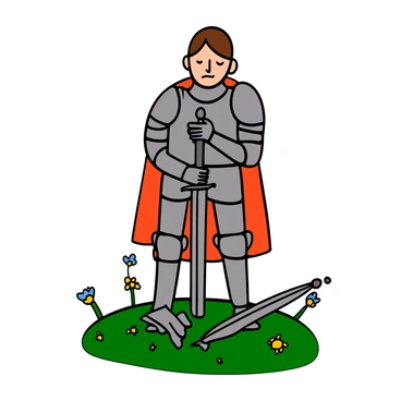A knight with light skin and a strong build is standing solemnly, wearing a suit of shining silver armor that reflects the light. He has short brown hair and a serious expression on his face. The knight stands over a broken sword, which is shattered and lies on the ground in front of him. The sword’s pieces are scattered around, symbolizing betrayal and loss. The knight's hand rests on the hilt of his remaining sword, which is sheathed at his side. The setting is a grassy field with a few scattered wildflowers, adding a touch of color to the somber scene.