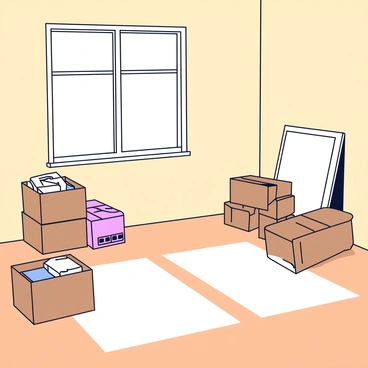 An empty room with light beige walls and a large window allowing sunlight to pour in. The sunlight creates bright patches on the wooden floor. Scattered throughout the room are several cardboard boxes in various sizes, some stacked on top of each other. A couple of boxes are partially open, revealing glimpses of old books and personal items inside. The atmosphere suggests a recent move, with hints of memories left behind, such as a framed photograph leaning against the wall.