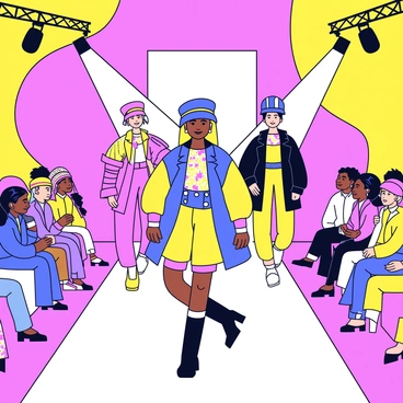 A fashion show runway set in a vibrant, brightly colored space. The runway is illuminated with spotlights, creating a dynamic atmosphere. Models walk confidently, showcasing unique outfits designed by Daniel Roseberry. Each outfit features exaggerated silhouettes and unusual patterns, incorporating bold colors and intricate details. Accessories are equally imaginative, including oversized hats and intricate jewelry. The audience, seated on either side of the runway, observes the spectacle with expressions of awe.