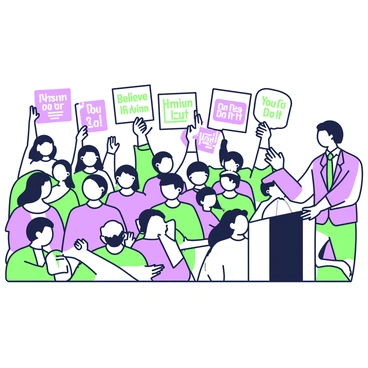 A crowd of people is sitting in an auditorium, all facing a speaker at the front. Each person in the crowd holds up a variety of signs and notes that display positive messages, such as "Believe in Yourself" and "You Can Do It". The crowd is engaged and cheerful, with smiles on their faces, and some people are standing up in excitement while others remain seated. The speaker, located at a podium, is wearing a suit and appears enthusiastic while addressing the audience. The setting is filled with a vibrant atmosphere, as the crowd expresses support and encouragement.