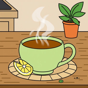 A steaming cup of amla tea placed on a rustic wooden kitchen table. The cup is ceramic and features a smooth, rounded shape with a light green glaze. A slice of bright yellow lemon rests on the rim of the cup, its surface glistening with moisture. The steam rising from the tea forms soft curls in the warm air. In the background, there are hints of a cozy kitchen, with a woven tablecloth underneath the cup and a small plant in a terracotta pot nearby. A few tea leaves are scattered around the cup, adding to the inviting atmosphere.