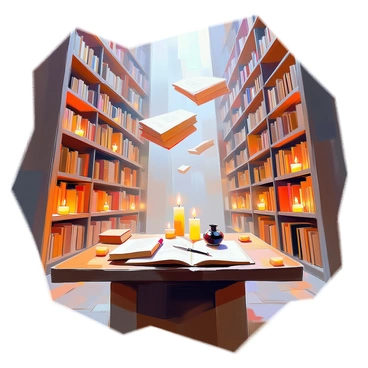 A magical library filled with towering bookshelves that stretch toward a high ceiling. The shelves are packed with ancient, leather-bound books of various sizes and colors. Floating books drift in the air, moving gently as if guided by an unseen force. Soft, warm light glows from candles placed on the edges of the shelves, casting flickering shadows and creating a cozy atmosphere. A large wooden table sits in the center of the room, surrounded by scattered scrolls and a quill resting in an inkpot.