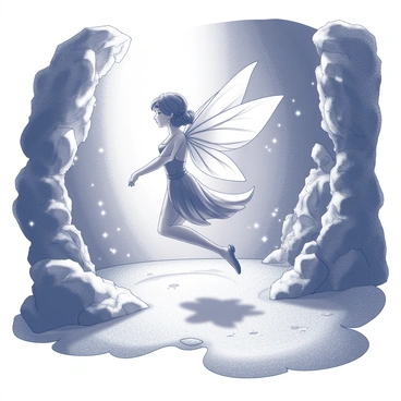 A fairy with delicate, translucent wings resembling crystals is flying inside a cave. The wings reflect light, creating a sparkling effect around her. She has a flowing gown made from natural elements, possibly leaves or petals. The cave walls are adorned with glistening mineral formations, enhancing the enchanting atmosphere. The ground is uneven and rocky, with subtle shadows cast by the fairy’s movements. The surrounding environment feels magical and inviting, filled with intriguing textures and shapes.