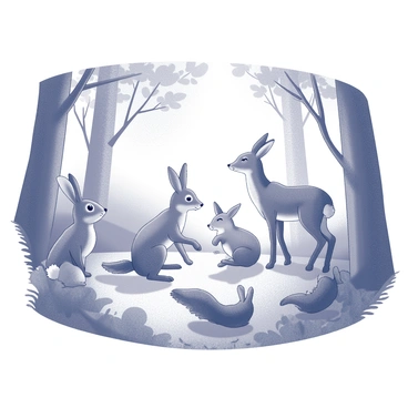 A gathering of animals in a forest setting. The scene includes various animals such as a rabbit, a fox, and a deer, each with distinct patterns on their fur or skin. The animals are arranged in a semi-circle, interacting with one another. The rabbit is sitting on its haunches, the fox is playfully pawing at the ground, and the deer stands with its head turned slightly, looking at the others. The forest is filled with tall trees, broad leaves, and underbrush, creating a sense of depth in the background. Sunlight filters through the branches, casting shadows on the ground.