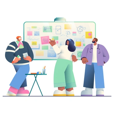 A team gathered around a whiteboard filled with diagrams and drawings, pointing and sharing ideas